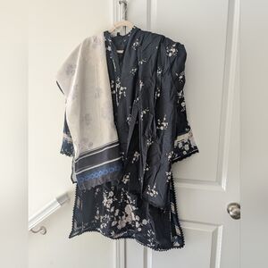 Zara Shahjahan Black Blue & White Floral Salwar Kameez Silk Dupatta